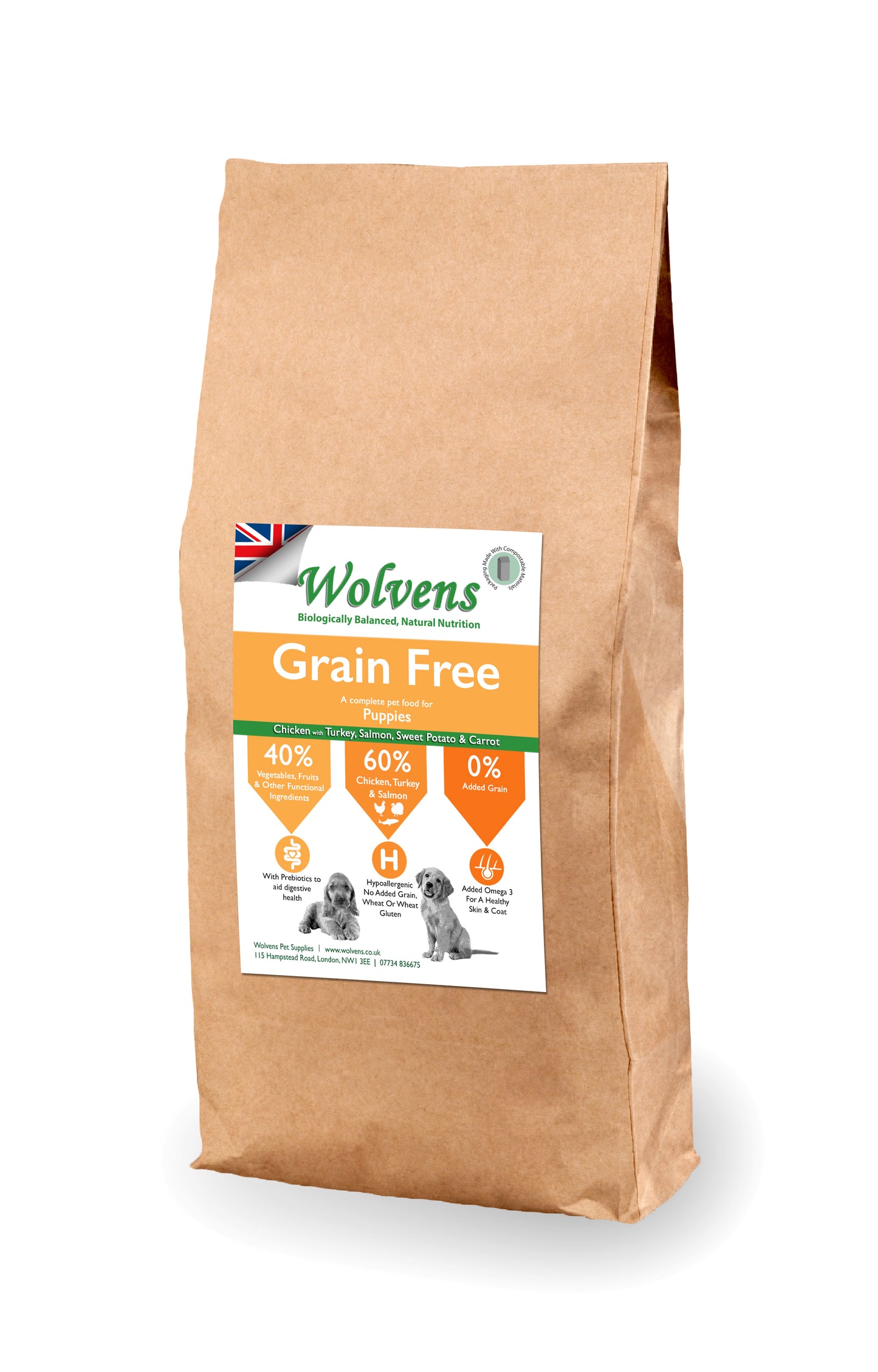 Wolvens Grain Free Puppy Food. Chicken with Sweet Potato, Carrot & Peas