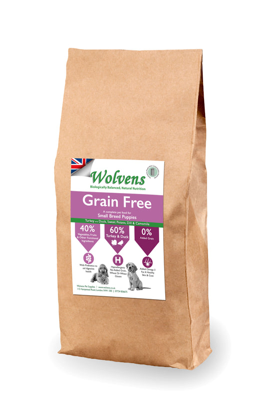 Wolvens Grain Free Small Breed Puppy Food. Turkey, Duck with Sweet Potato, Dill & Camomile