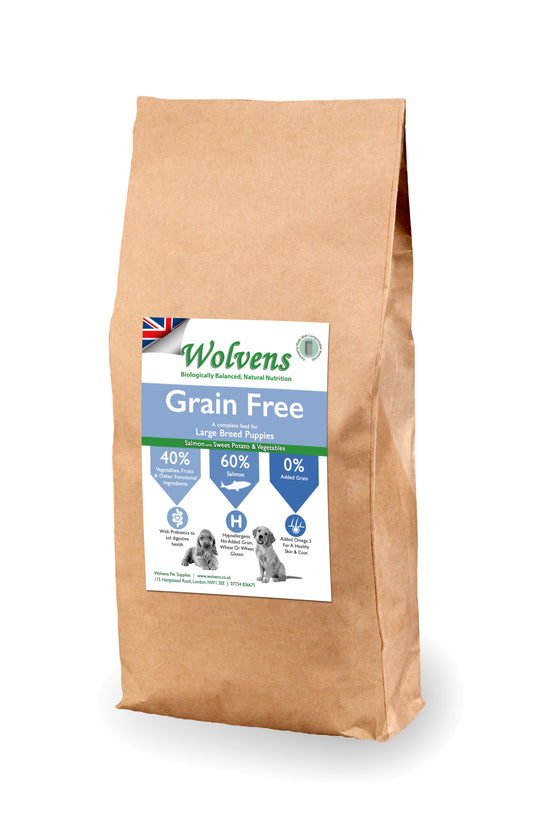 Wolvens Grain Free Large Breed Puppy Food. Salmon with Sweet Potato & Vegetables.