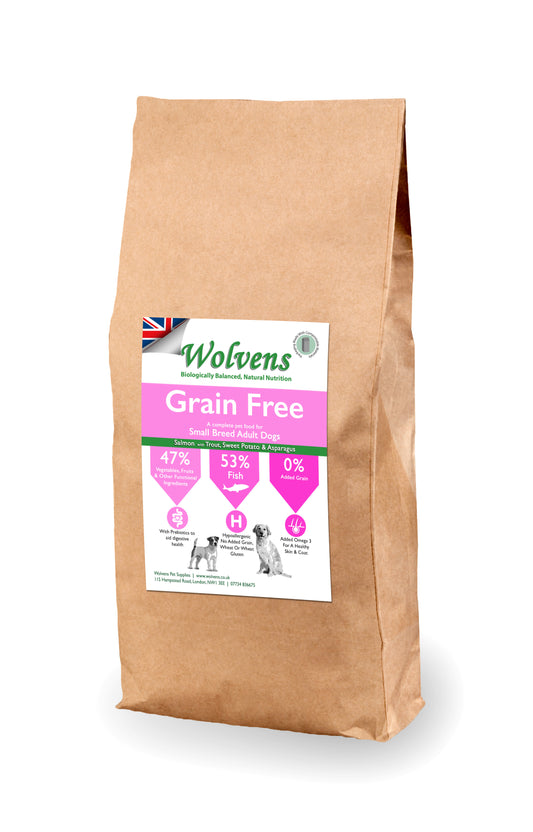Wolvens Grain Free Adult Small Breed. Salmon, Trout with Sweet Potato & Asparagus.