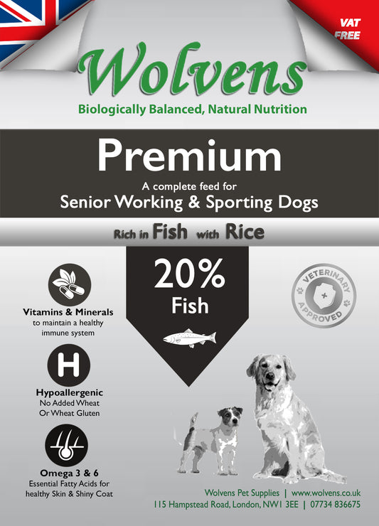 Wolvens Premium Senior/Light Dog Food. Fish & Rice 15kg
