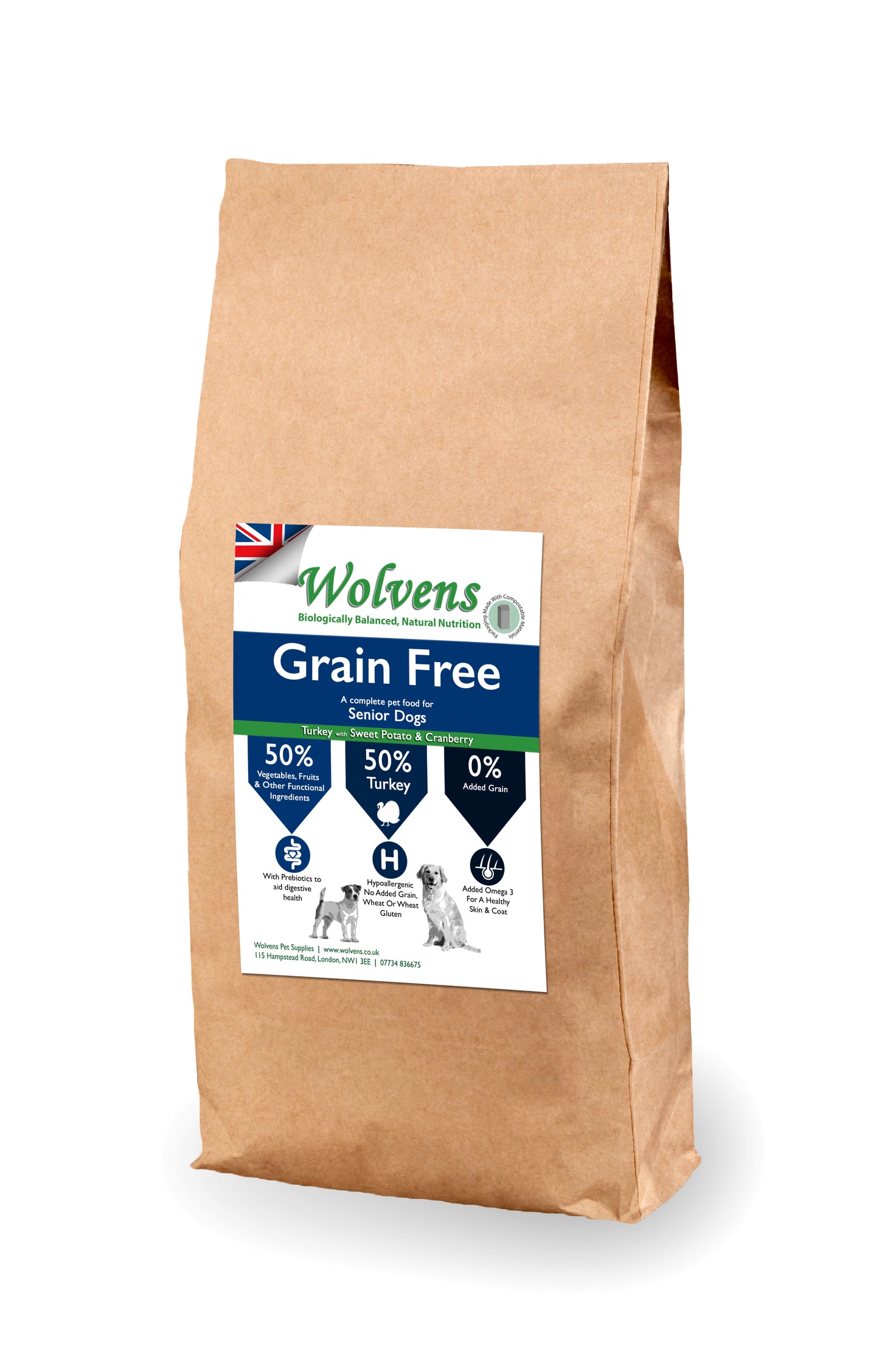 Wolvens Grain Free Senior Dog Food. Turkey with Sweet Potato & Asparagus.