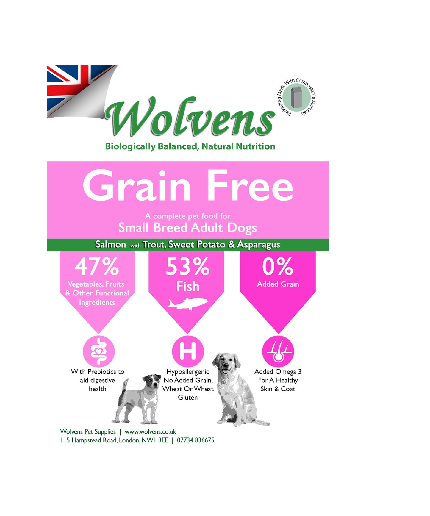 Wolvens Grain Free Adult Small Breed. Salmon, Trout with Sweet Potato & Asparagus.