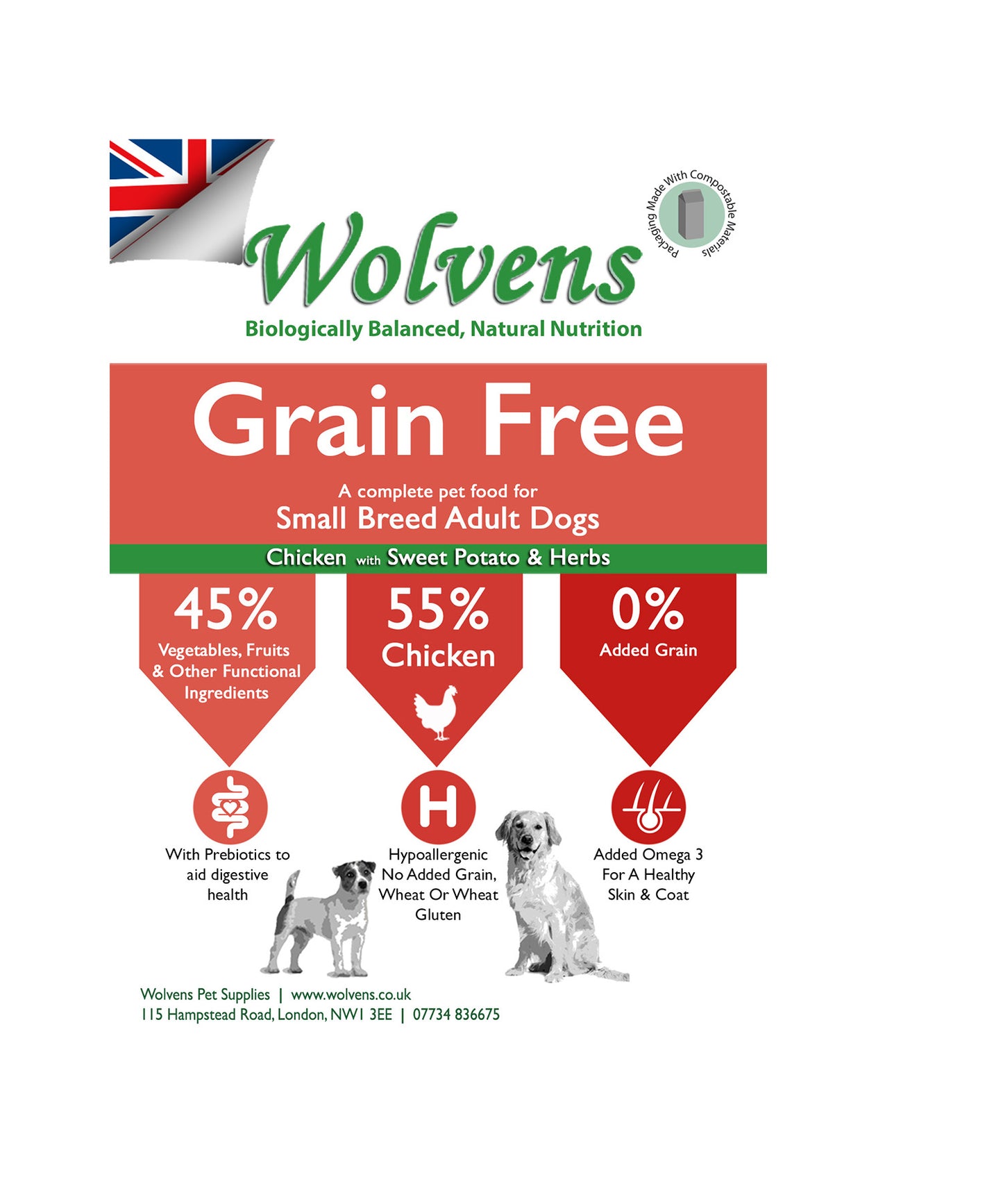 Wolvens Grain Free Adult Small Breed. Chicken with Sweet Potato & Asparagus.