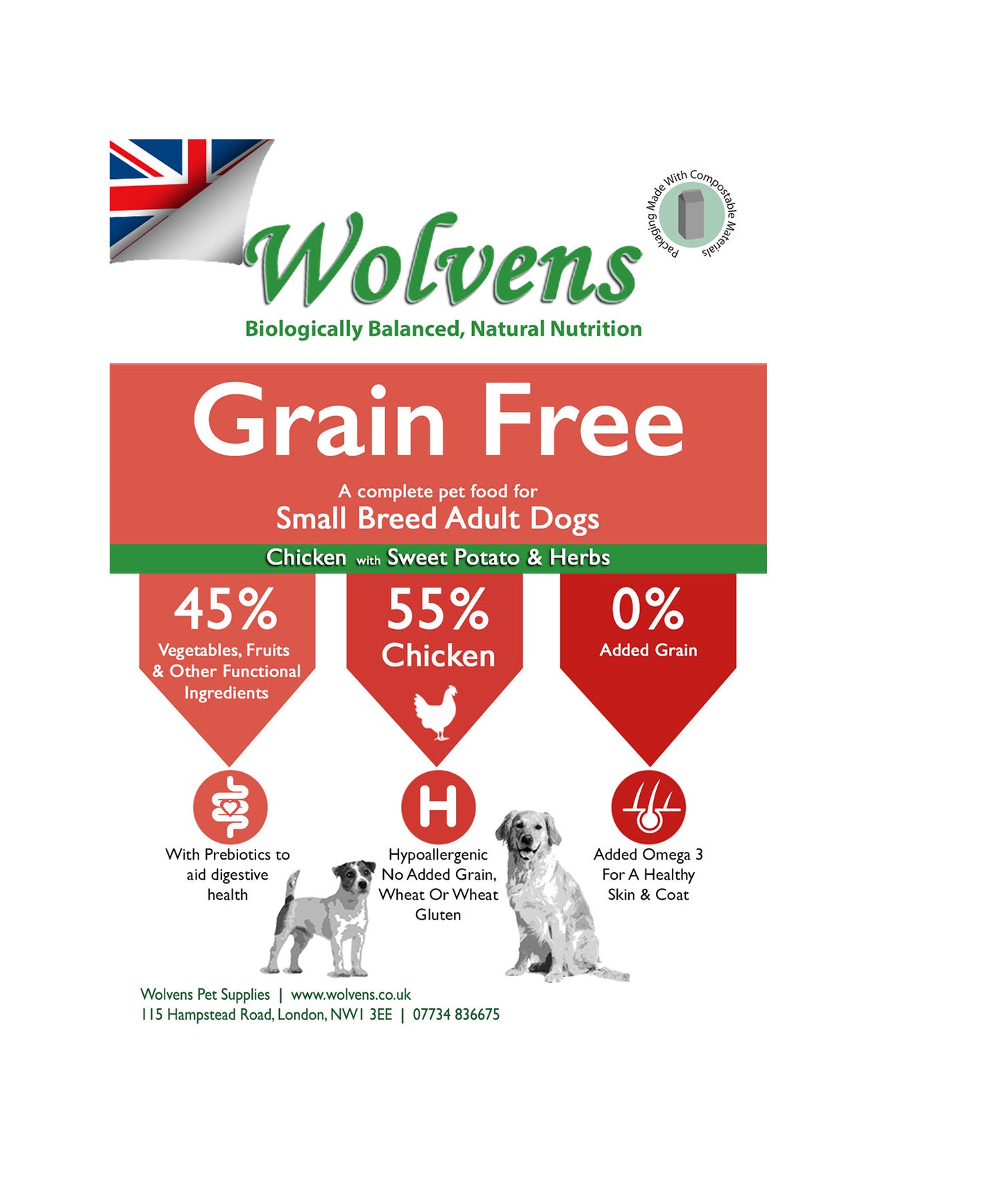 Wolvens Grain Free Adult Small Breed. Chicken with Sweet Potato & Asparagus.