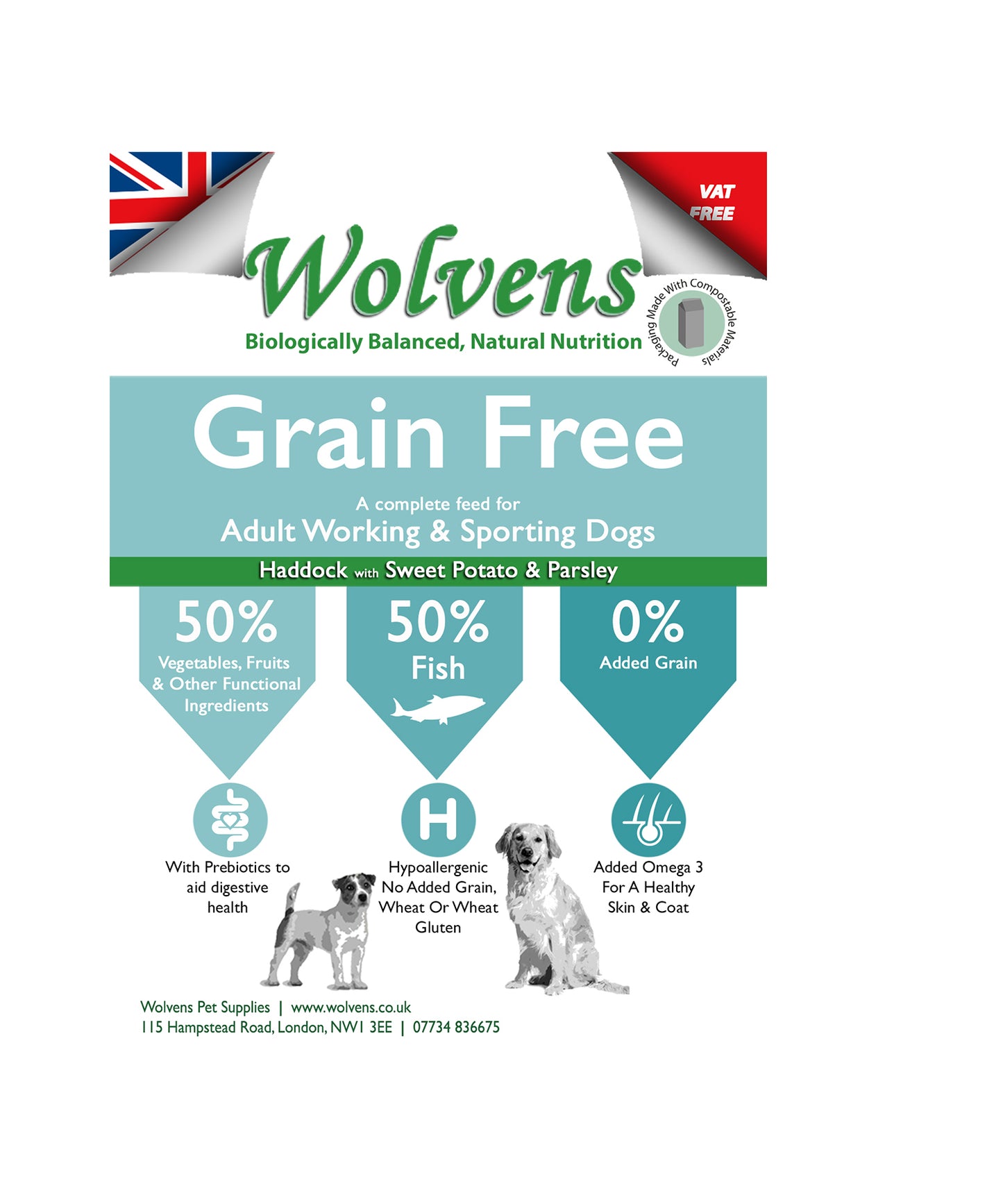 Wolvens Grain Free Adult Haddock with Sweet Potato & Parsley.