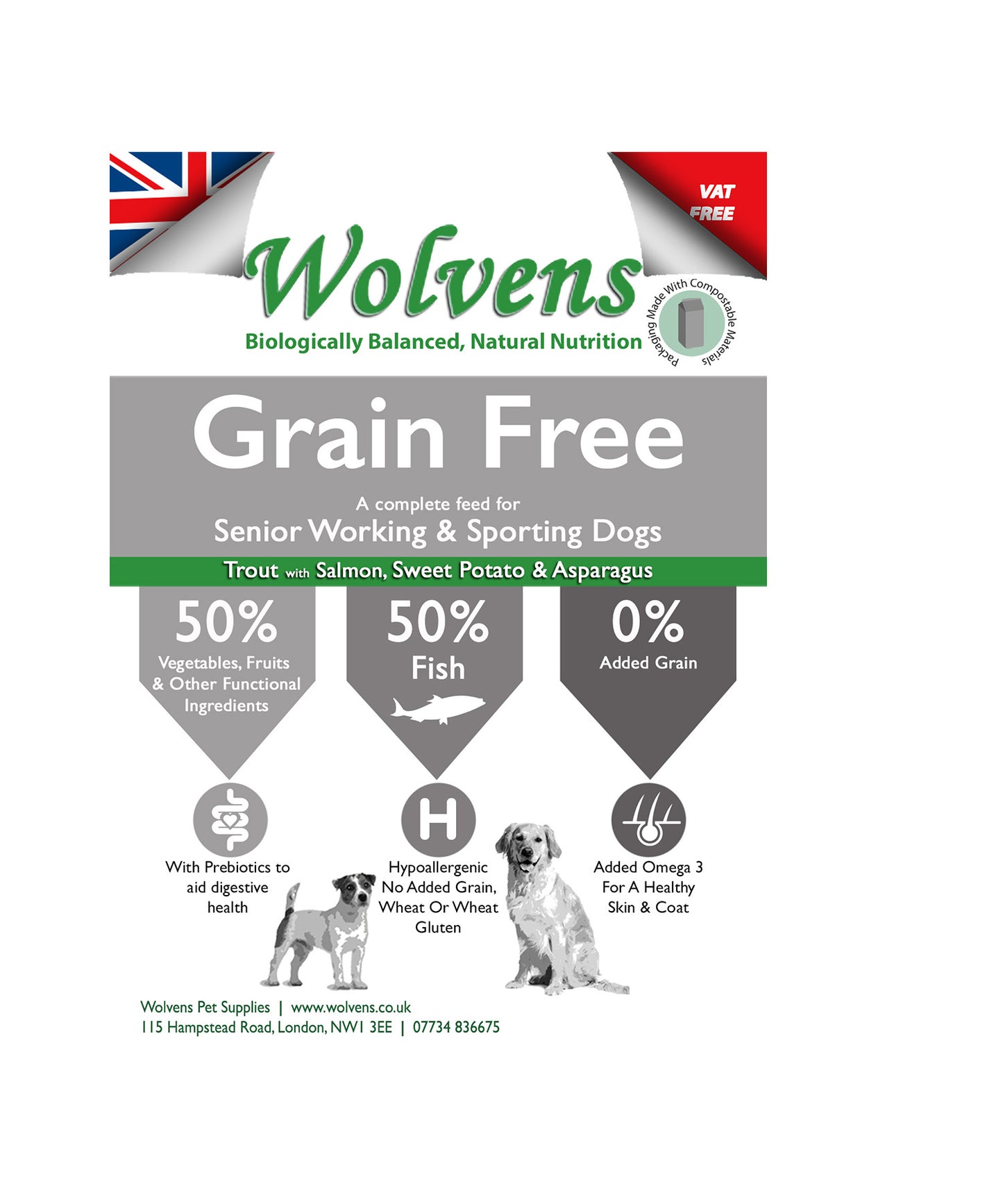 Wolvens Grain Free Senior Dog Food. Salmon, Trout with Sweet Potato & Asparagus.