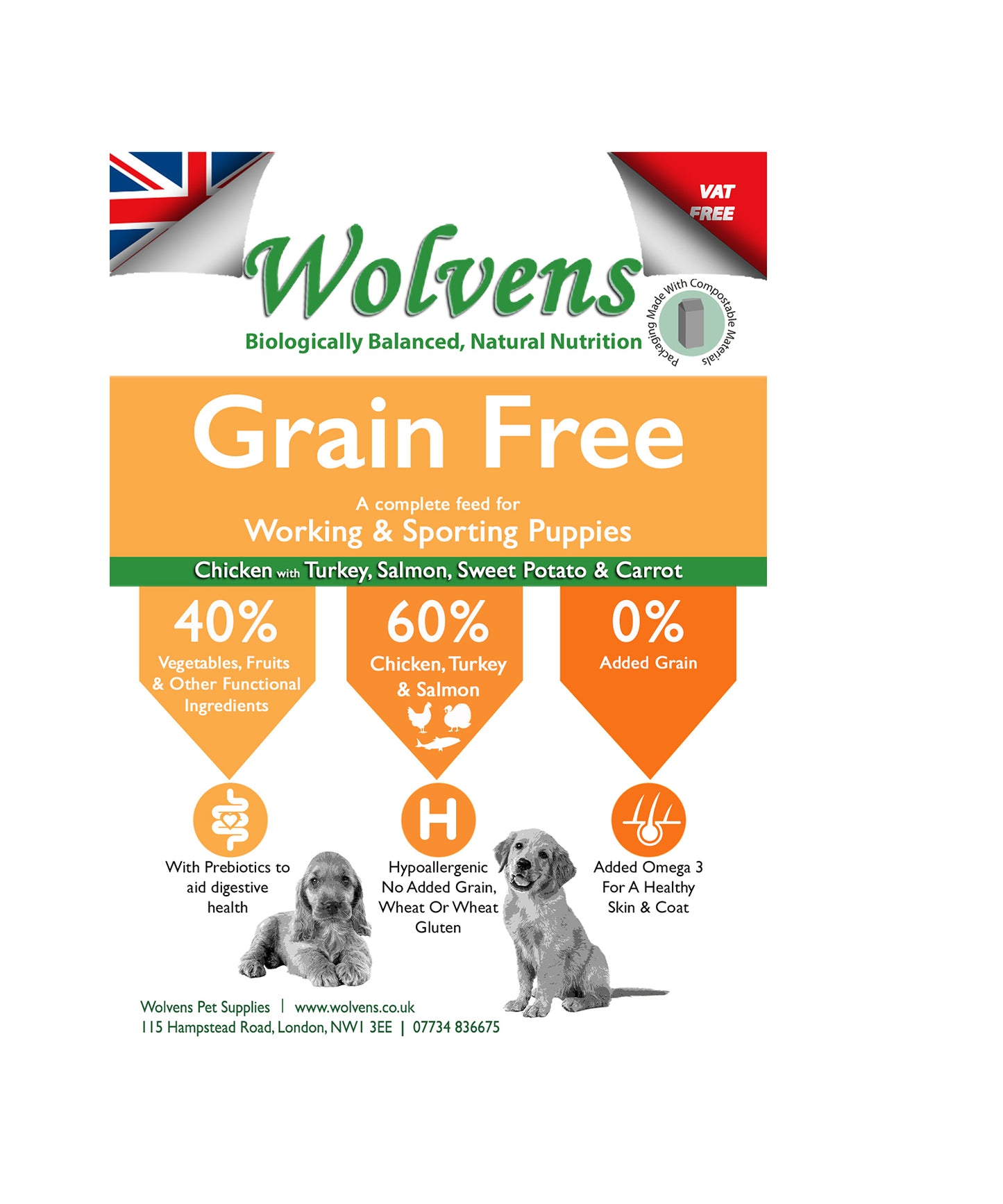 Wolvens Grain Free Puppy Food. Chicken with Sweet Potato, Carrot & Peas