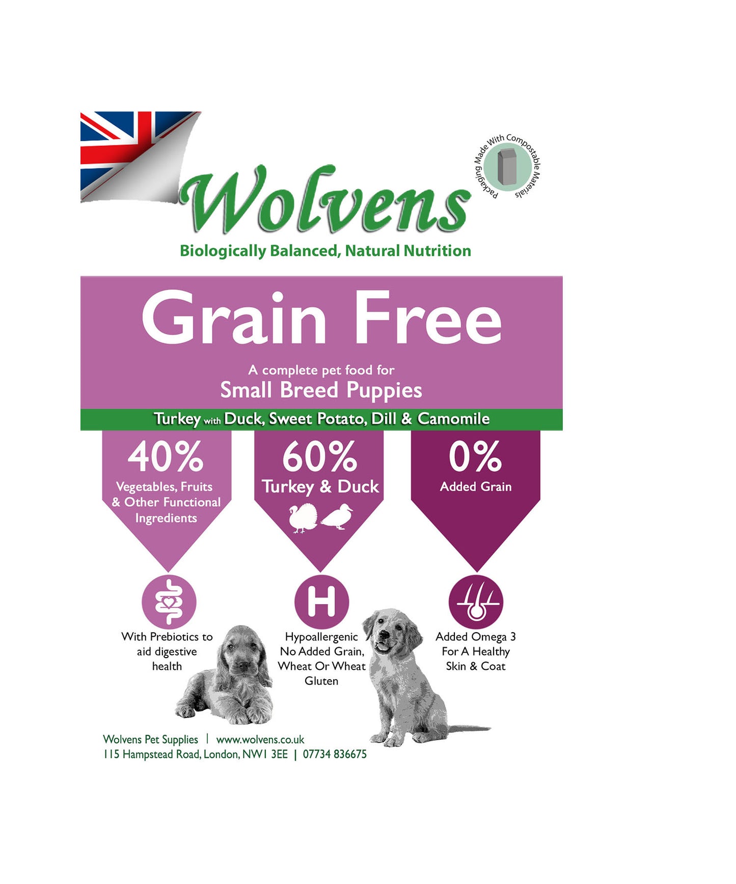 Wolvens Grain Free Small Breed Puppy Food. Turkey, Duck with Sweet Potato, Dill & Camomile