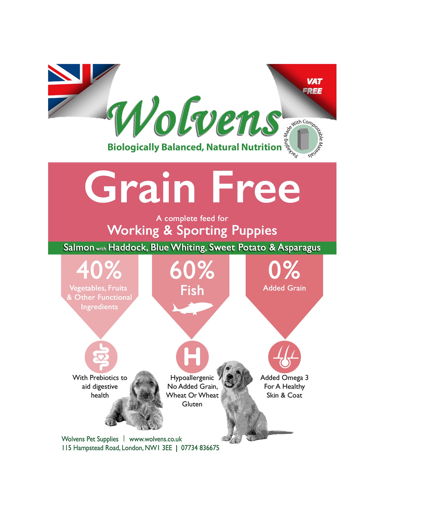 Wolvens Grain Free Puppy Food. Salmon, Haddock with Sweet Potato, Carrot & Peas