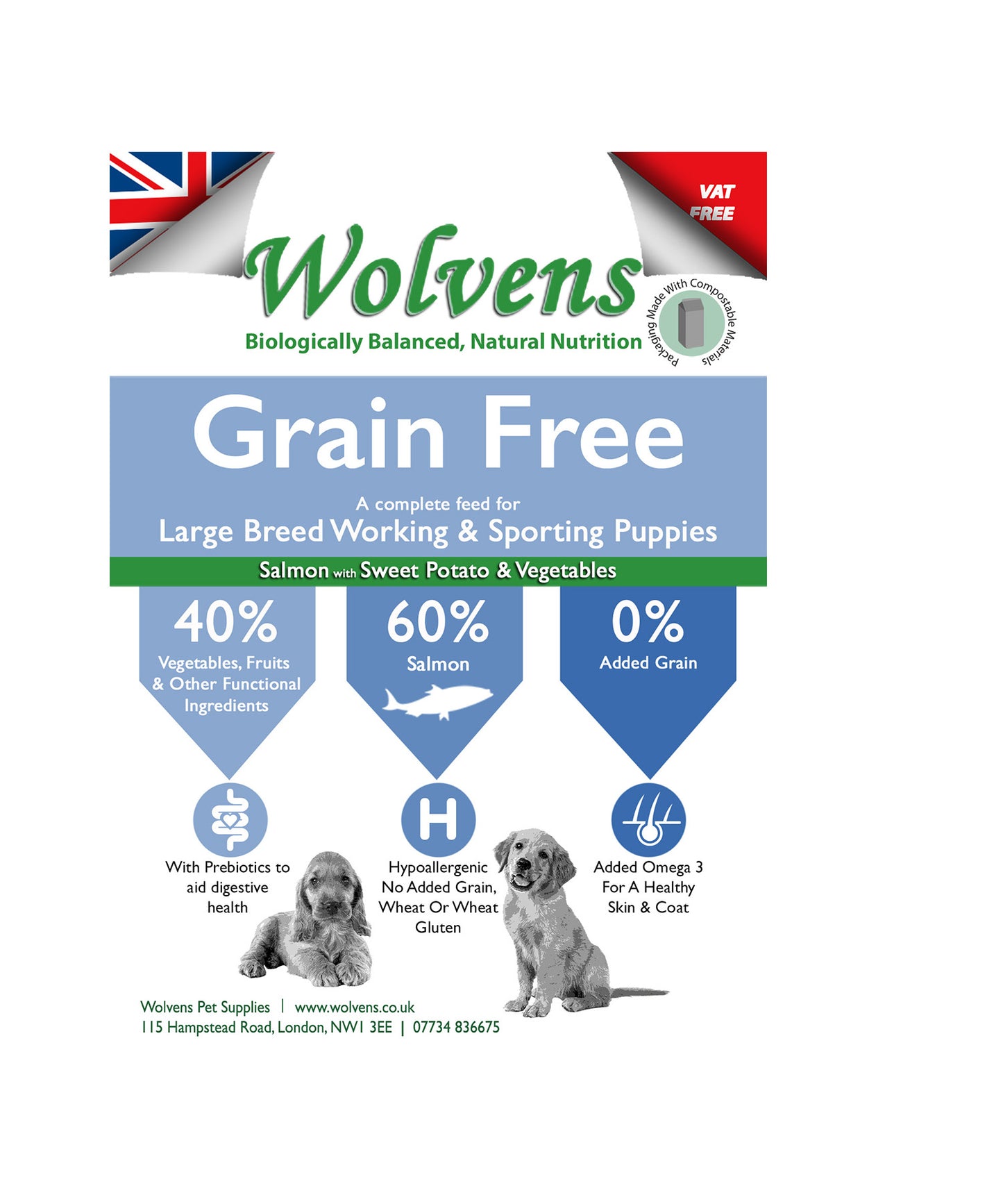 Wolvens Grain Free Large Breed Puppy Food. Salmon with Sweet Potato & Vegetables.