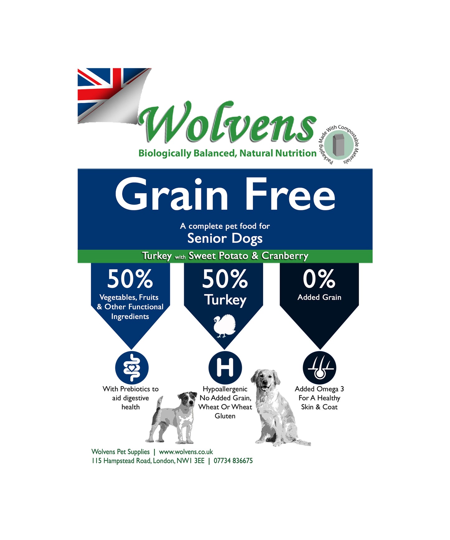 Wolvens Grain Free Senior Dog Food. Turkey with Sweet Potato & Asparagus.