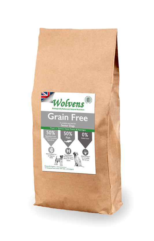 Wolvens Grain Free Senior Dog Food. Salmon, Trout with Sweet Potato & Asparagus.